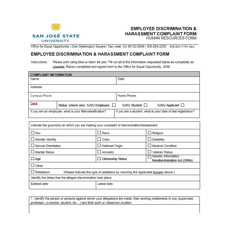 Employee Complaint Form Template