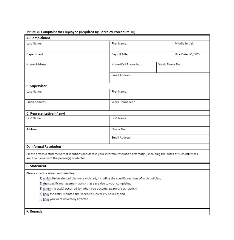 Employee Complaint Form Template