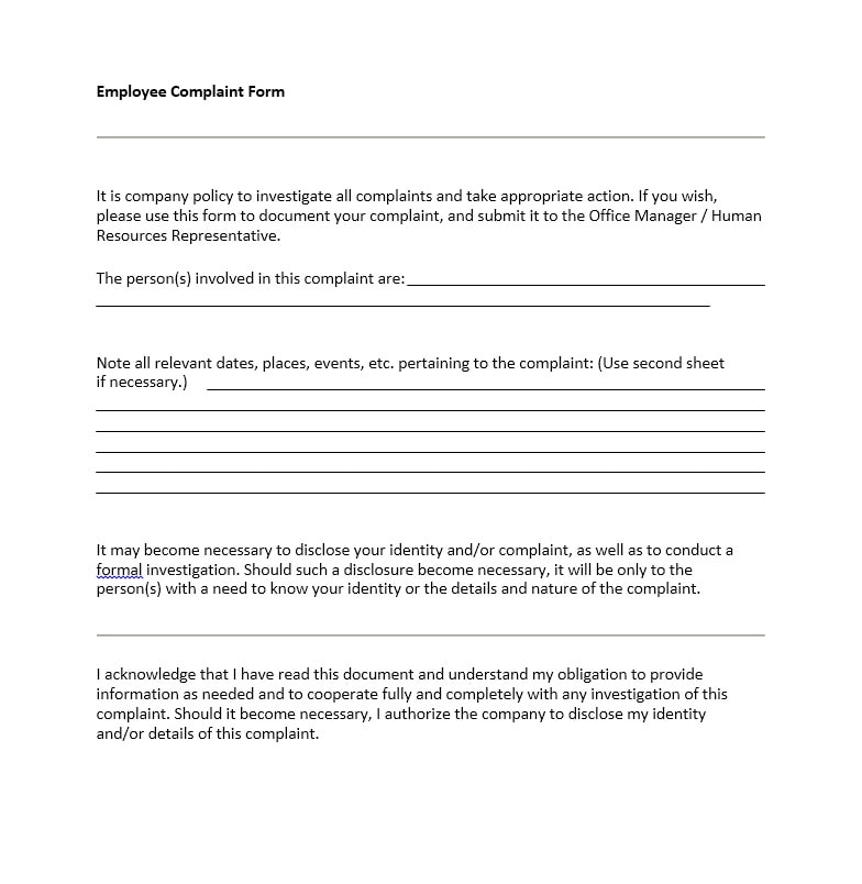 Employee Complaint Form Template