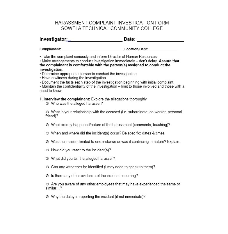 Employee Complaint Form Template