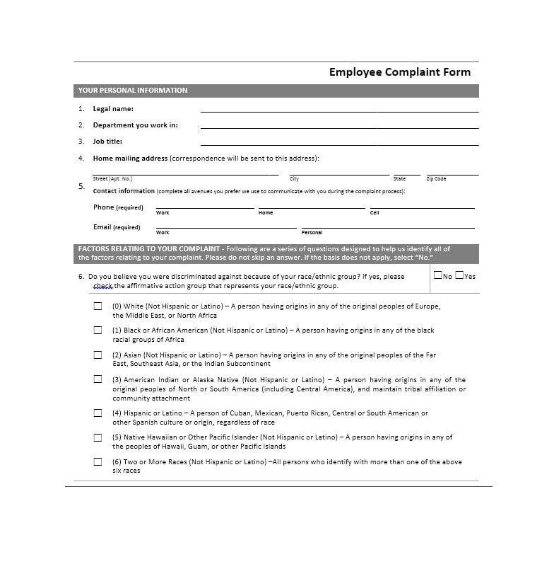 Employee Complaint Form Template