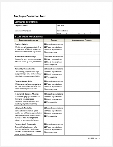 √ Free Printable Employee Performance Evaluation Template