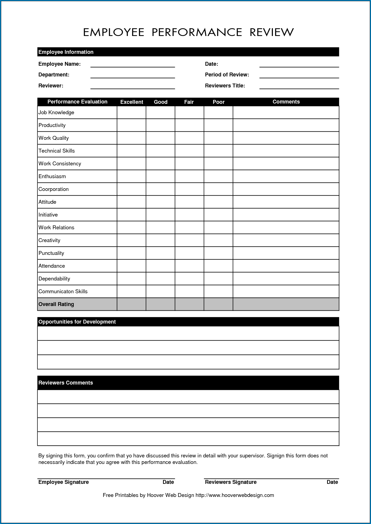 Employee Performance Review Form Sample