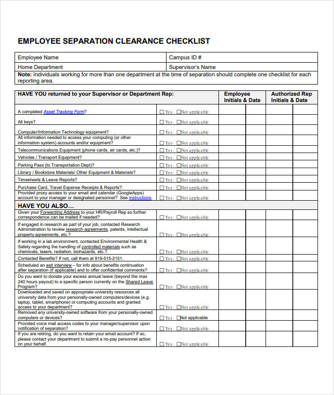 Employee Separation Clearance Checklist Form