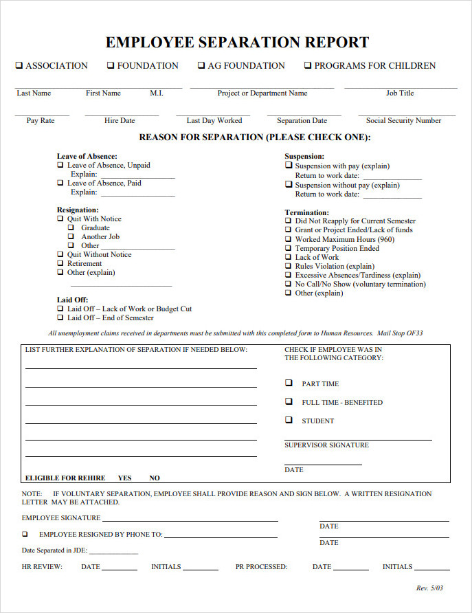 Employee Separation Report Form