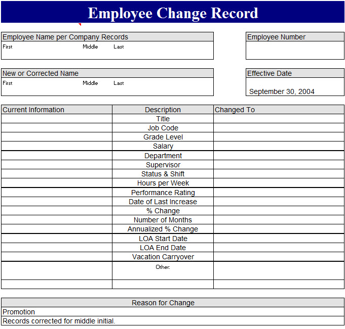 Employee Shift Change Record Sheet Template