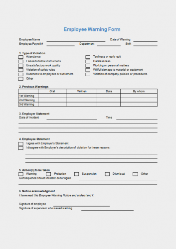 √ Free Printable Employee Warning Form 6081