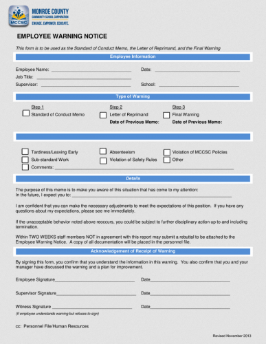 √ Free Printable Employee Warning Notice Form