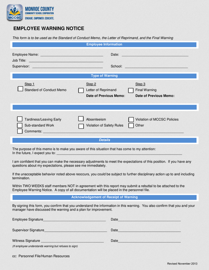 Employee Warning Notice Form Sample