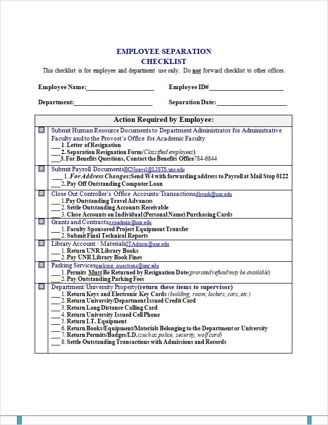 Employment Separation Checklist Form | Templateral