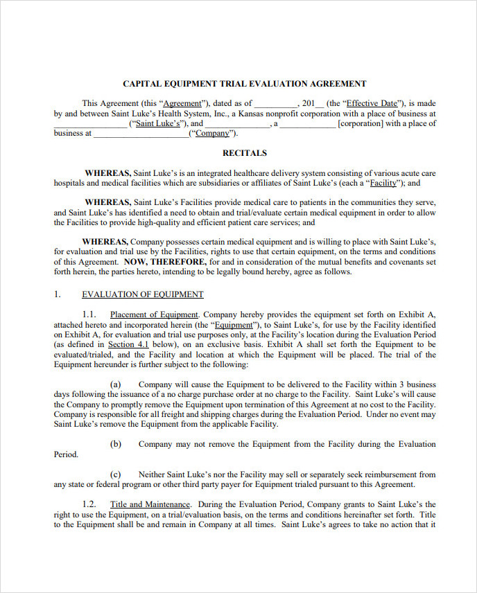 Equipment Trial Agreement Form Template