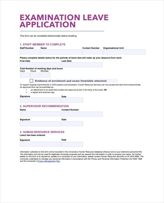 Examination Leave Application Form