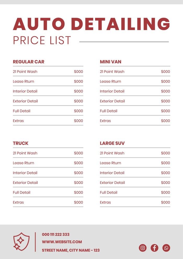 Example of Auto Detail Price List Template