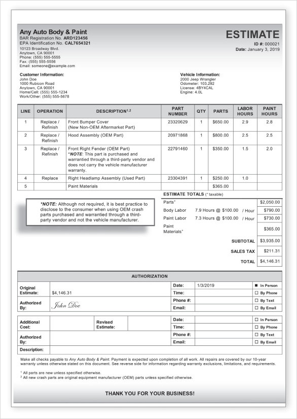 Example of Auto Repair Estimate Template