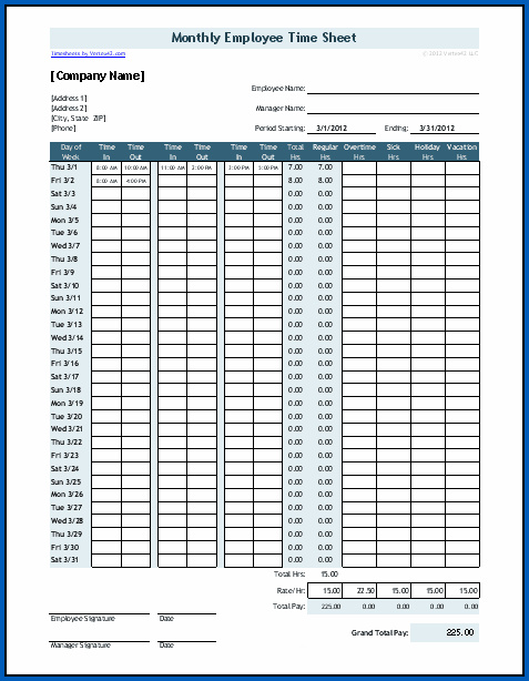 Example of Basic Monthly Timesheet Template