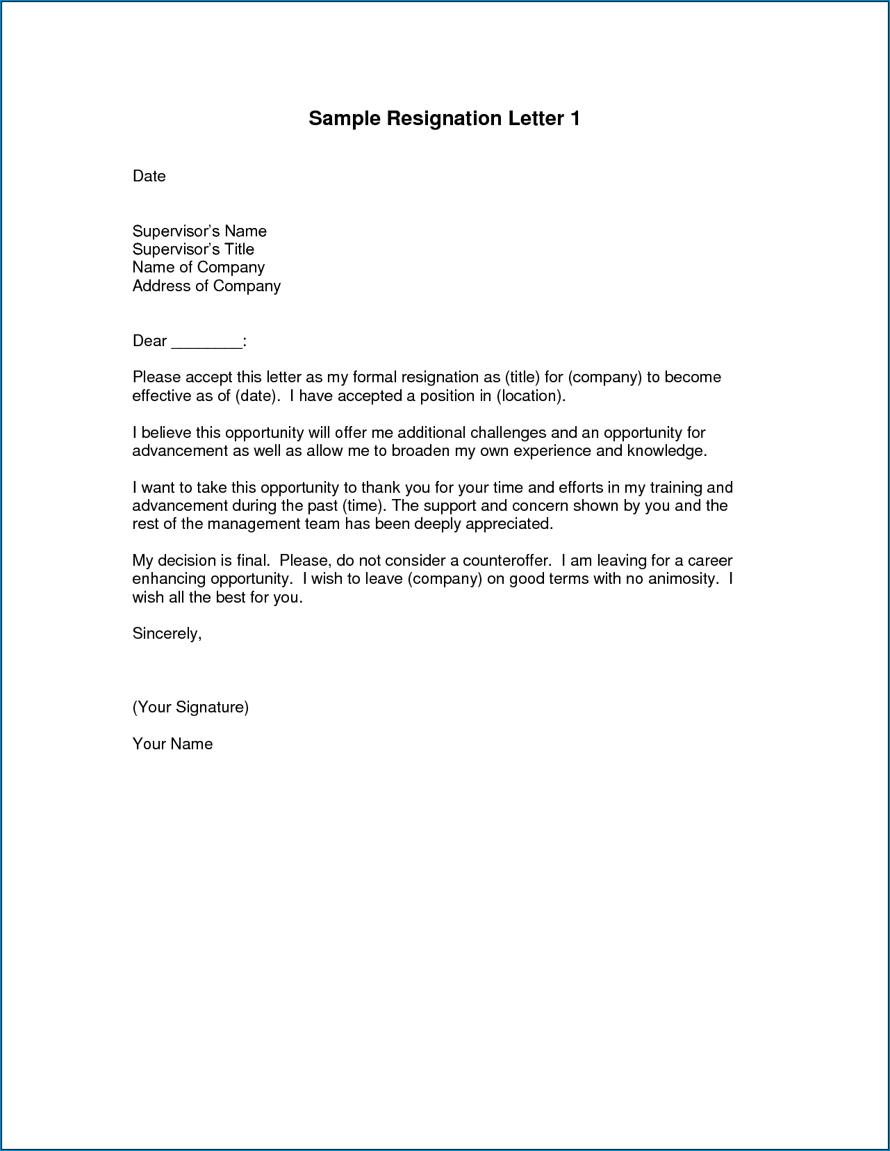 Example of Best Resignation Letter Template