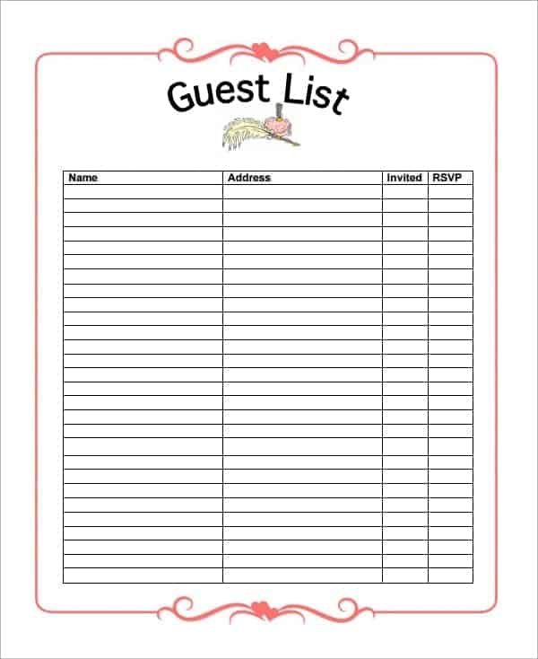 Example of Birthday Party Guest List Template