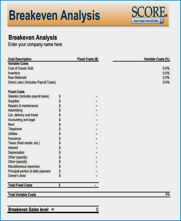 Example of Break Even Analysis Template