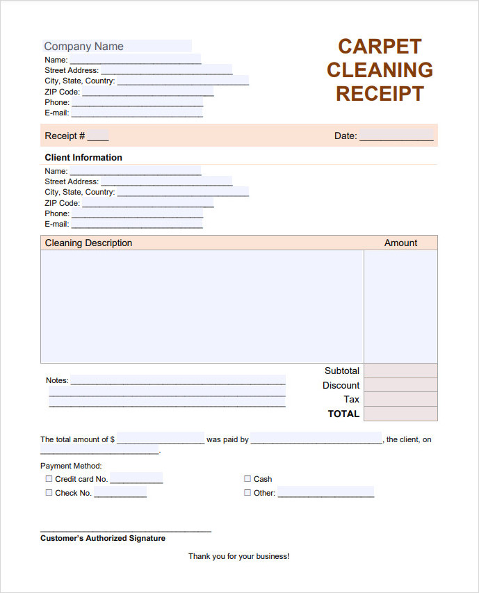 Example of Carpet Cleaning Receipt Template