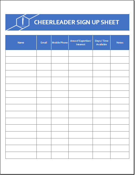 Example of Cheerleader Sign Up Sheet Template