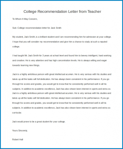 √ College Recommendation Letter From Teacher