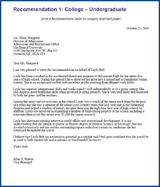 Example Of College Recommendation Letter Template Templateral 4330