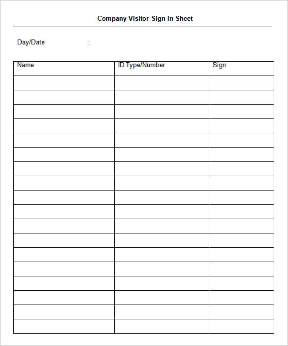 Example of Company Visitor Sign in Sheet Template