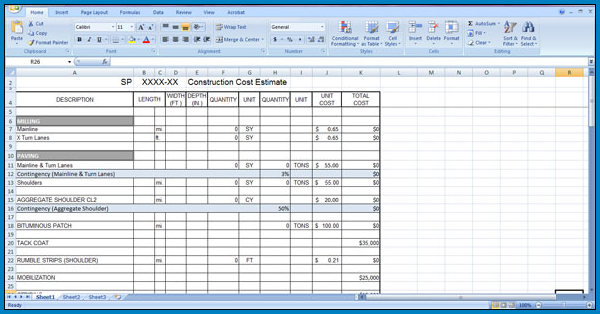 Example of Construction Cost Estimate Template