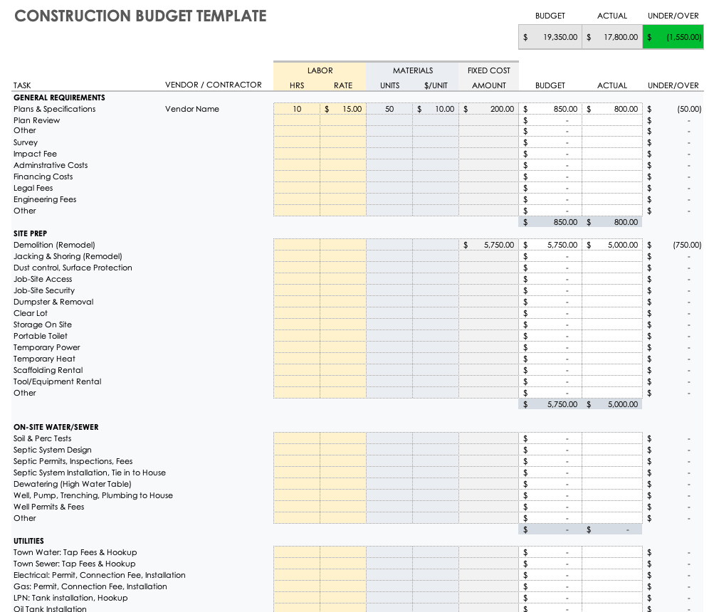 Example of Construction Cost Tracking Worksheet Template