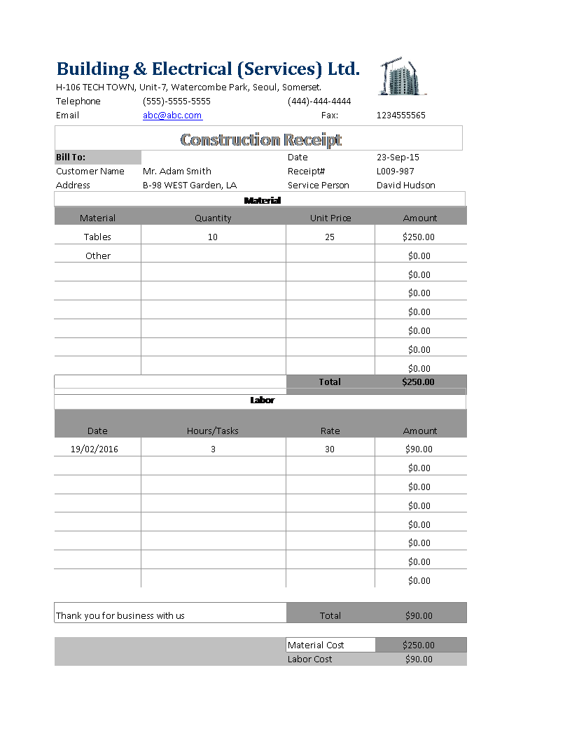 Example of Construction Receipt Template