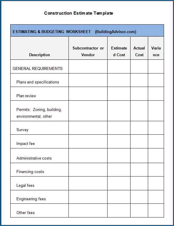 Example of Contractors Estimate Template