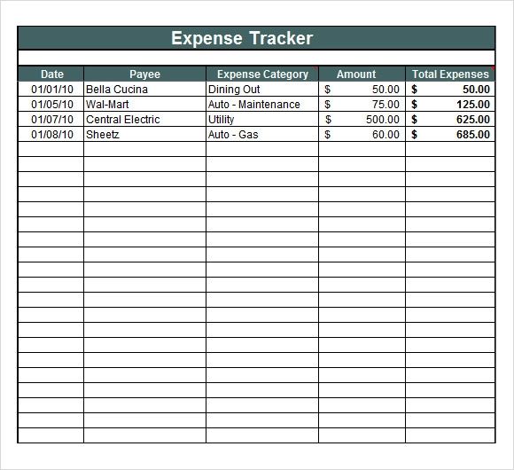 Example of Cost Tracker Template