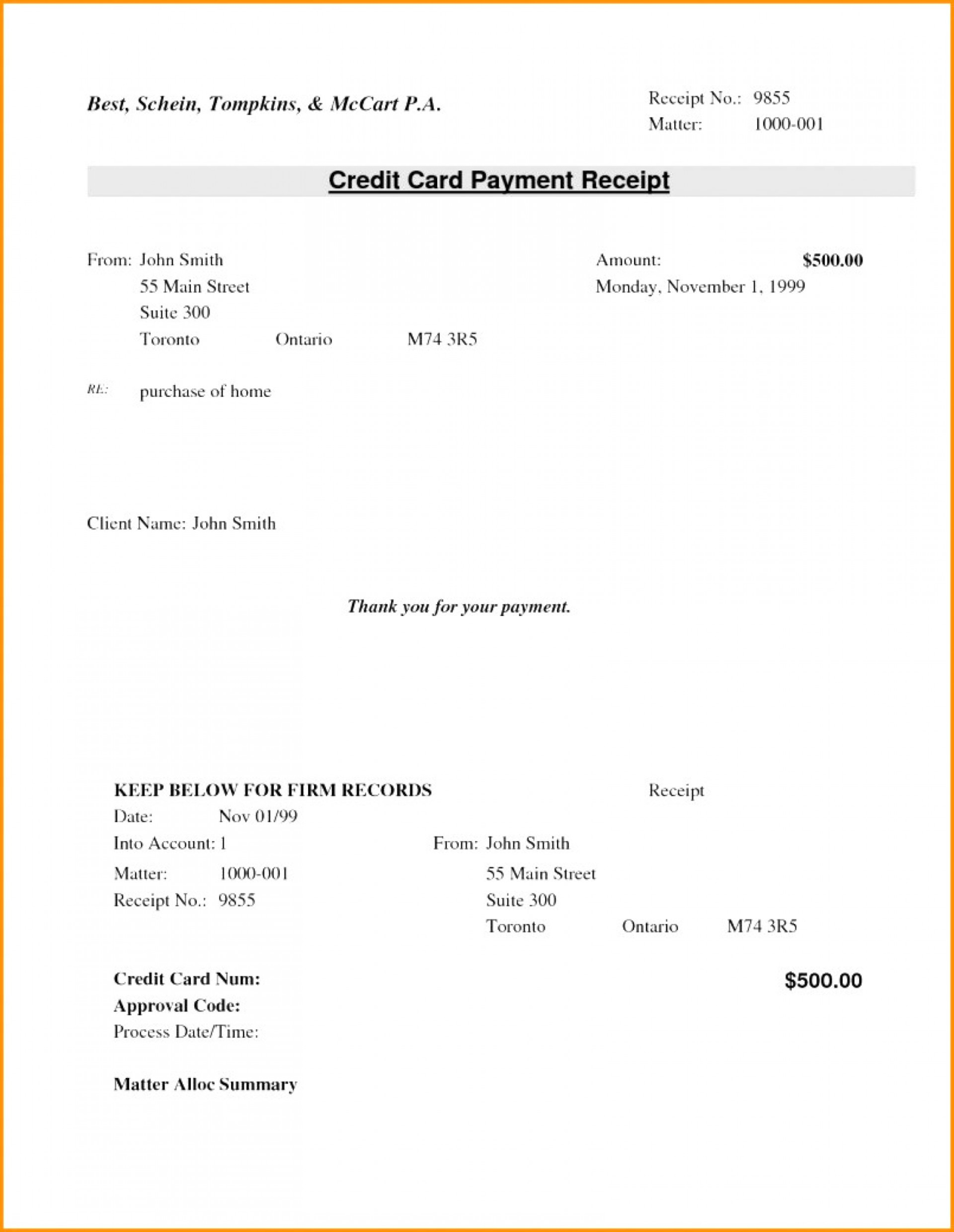 Example of Credit Card Receipt Template