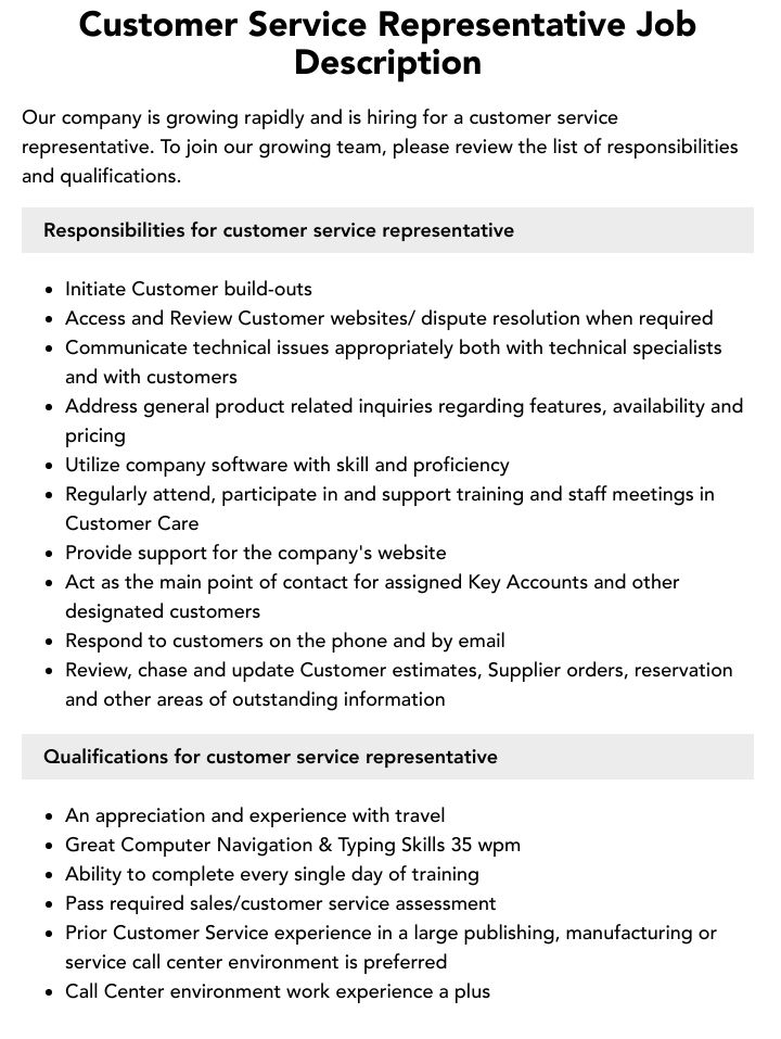 Example of Customer Support Representative Duty List Template