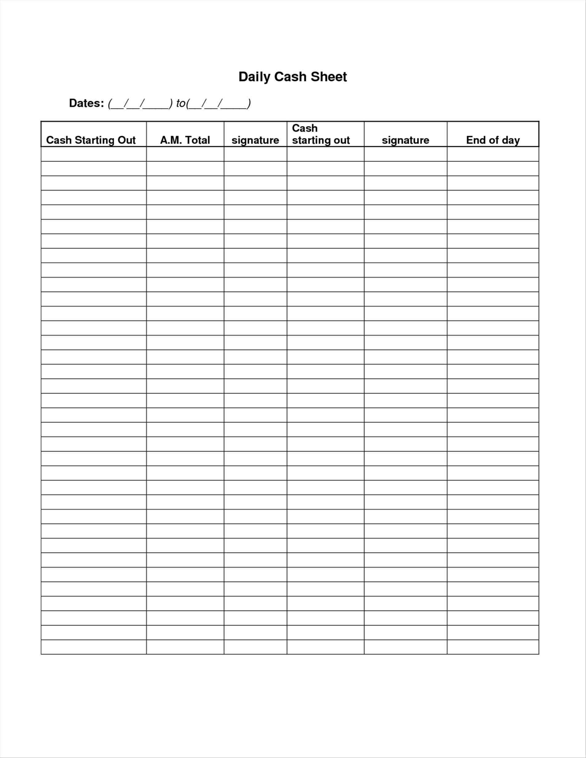 Example of Daily Cash Count Sheet Template