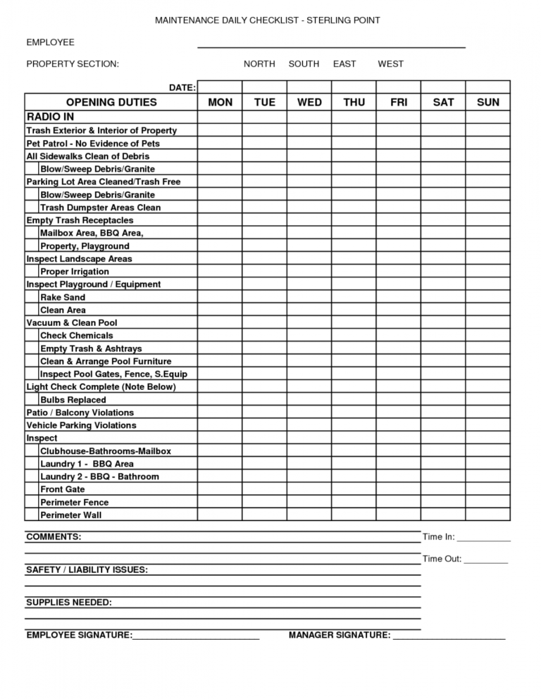 Example of Daily Cleaning Inspection Sheet Template