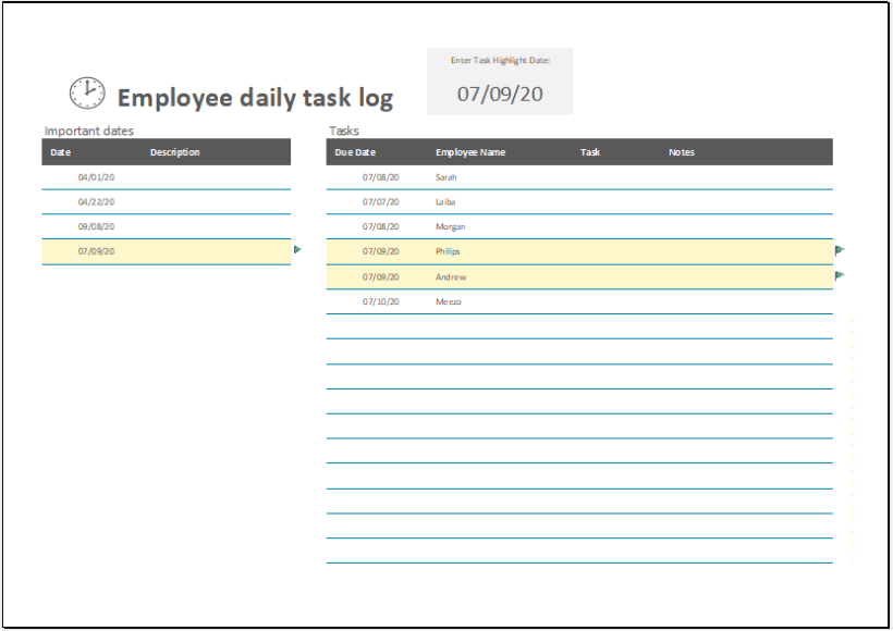 Example of Employee Daily Task Log Template