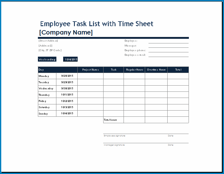 Example of Employee Task List Template