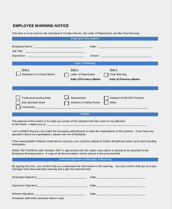 Example of Employee Warning Form