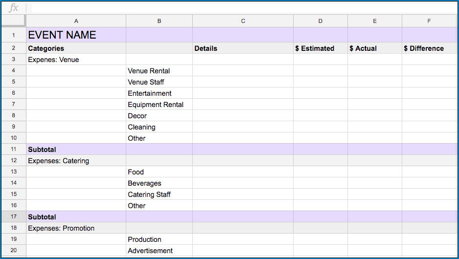 Example of Event Planning Budget Template