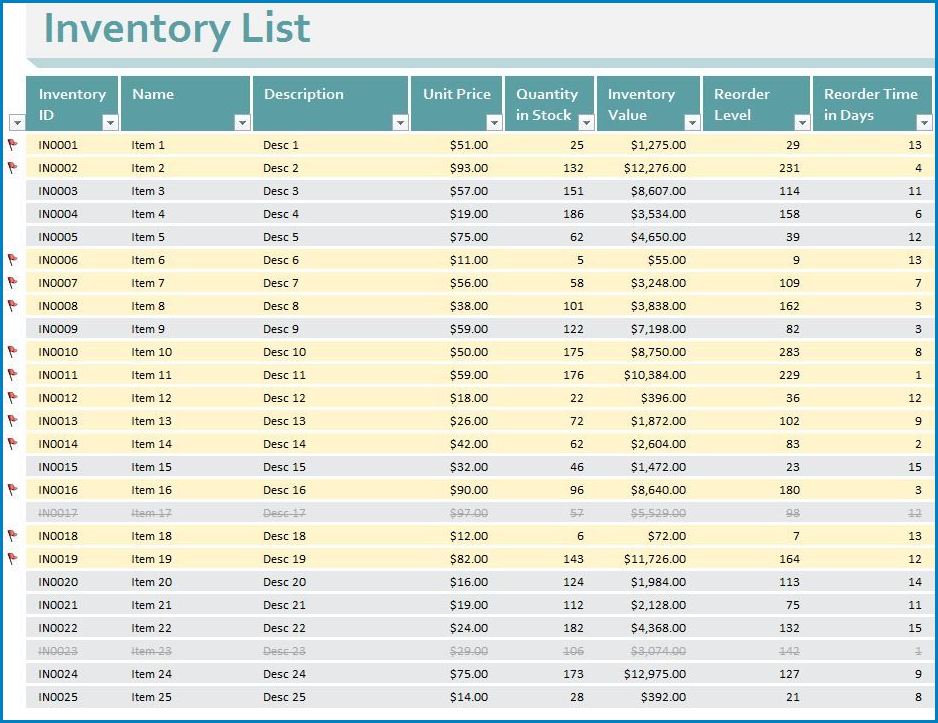 Example of Excel Inventory Template