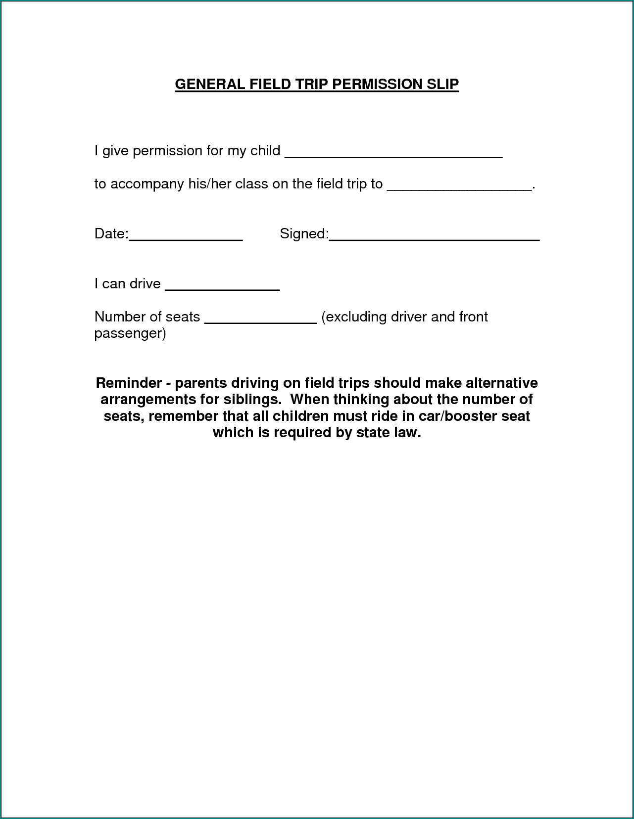 Example of Field Trip Permission Form