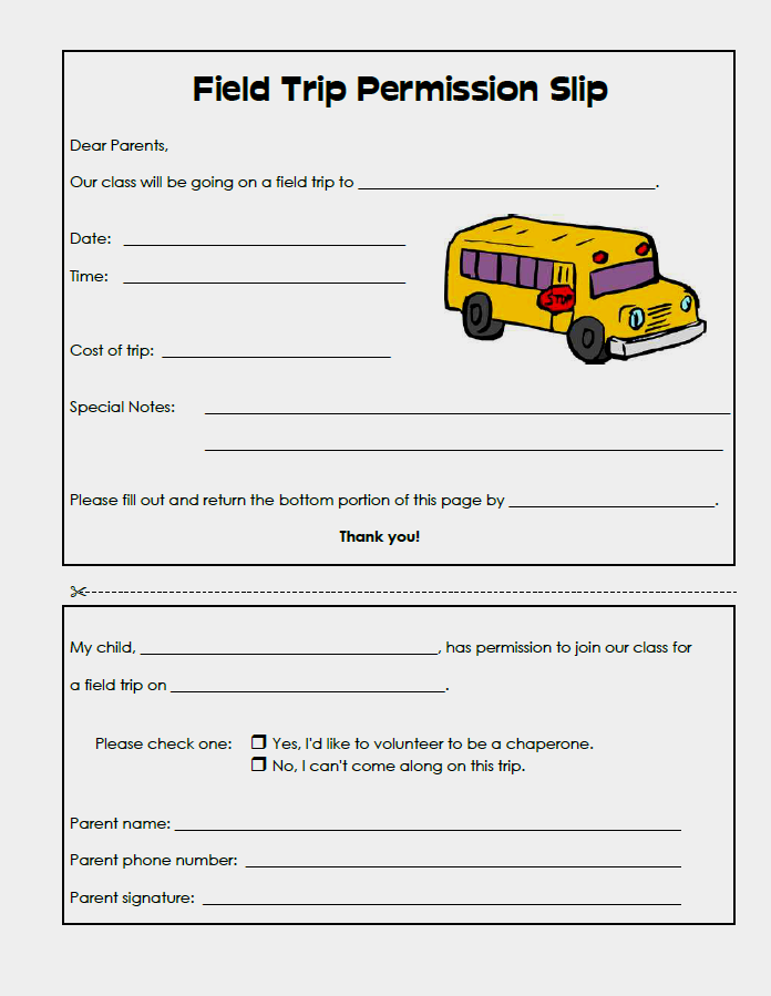 Example of Field Trip Permission Slip Template