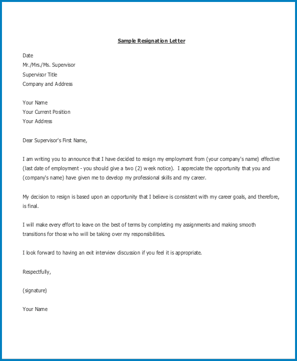 Example of Formal Letter Of Resignation Template