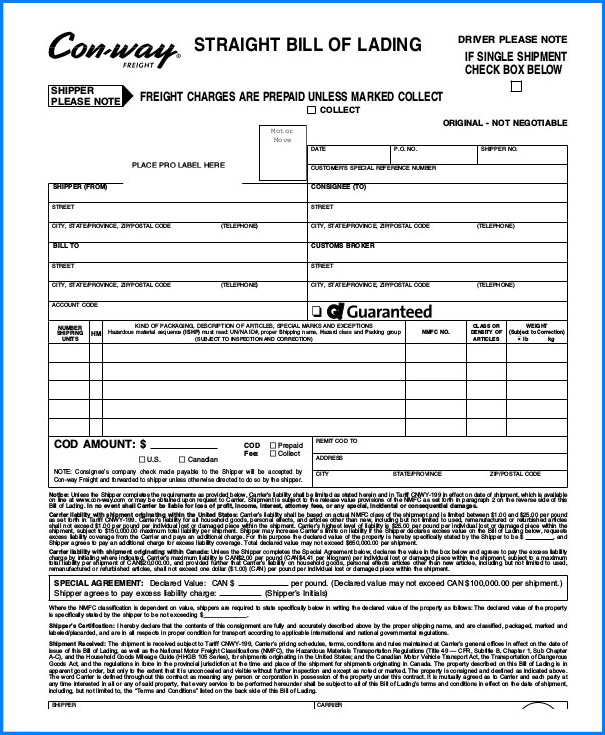 √ Free Printable Generic Bill Of Lading Form 7098