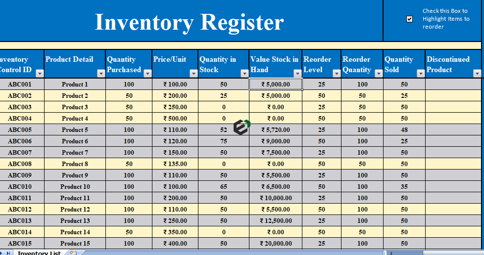 Example of Inventory Entry Register Template