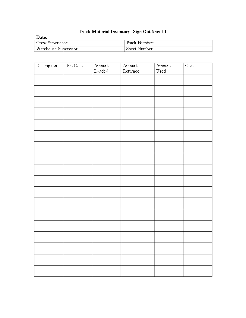 Example of Inventory Sign out Sheet Template