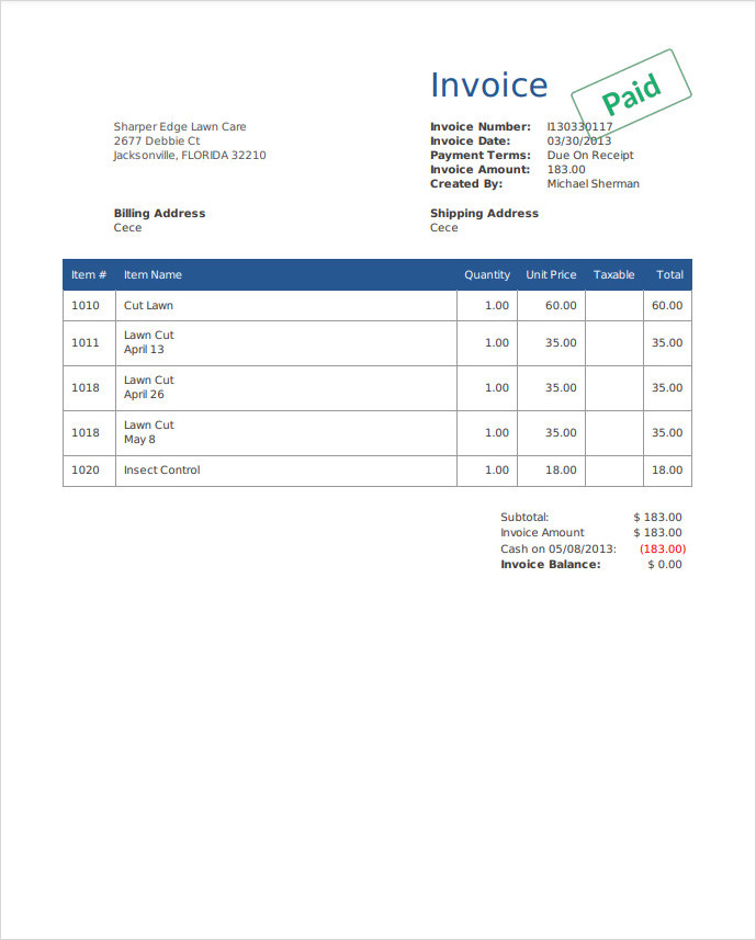 Example of Lawn Care Invoice Template