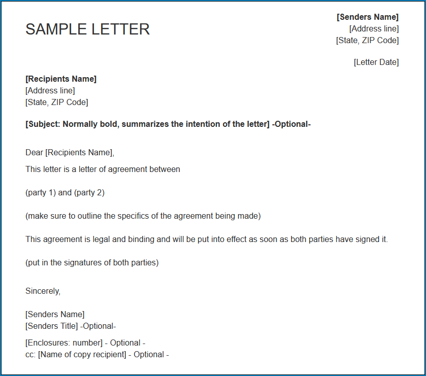  Free Printable Letter Of Agreement Between Two Parties