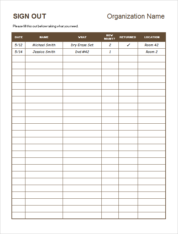 Example of Material Sign out Sheet Template